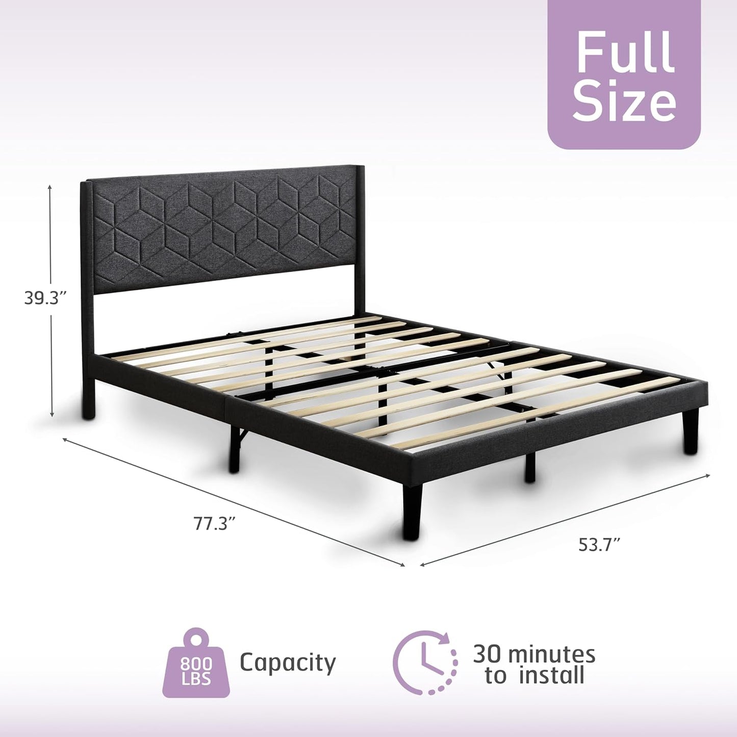 URBAN NEST Full Bed Frame Upholstered Platform with Headboard and Strong Wooden Slats,Non-Slip,No Box Spring Needed