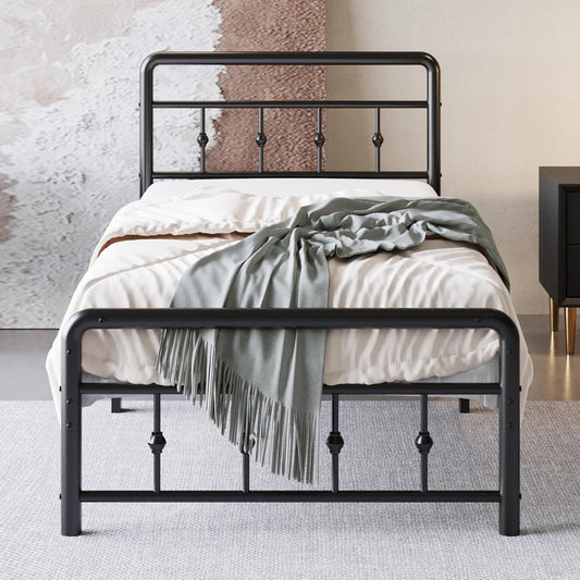 URBAN NEST 12 Inch Twin Bed Frames with Victorian Vintage Headboard and Footboard,  Heavy Duty Metal Mattress Foundation.