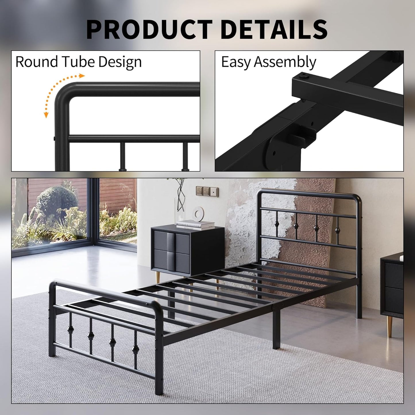 URBAN NEST 12 Inch Twin Bed Frames with Victorian Vintage Headboard and Footboard,  Heavy Duty Metal Mattress Foundation.