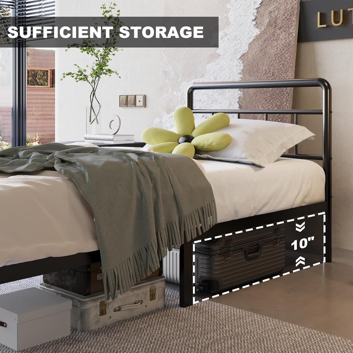 URBAN NEST 12 Inch Twin Bed Frames with Victorian Vintage Headboard and Footboard,  Heavy Duty Metal Mattress Foundation.