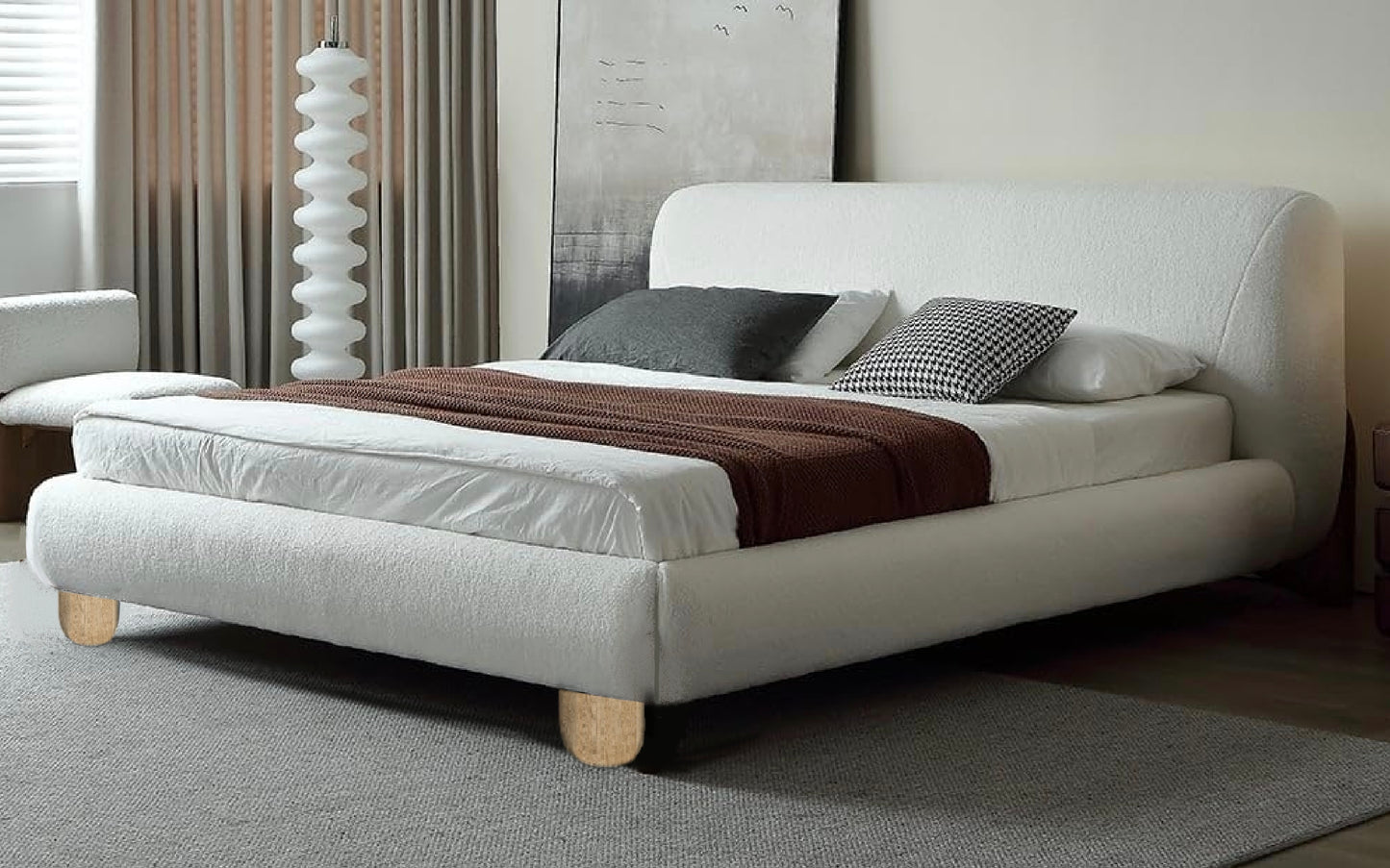 URBAN NEST King Size Bed Frame with Upholstered White Boucle Headboard, 88.6" W x 93.7" L, Fits Mattress 76" W x 80" L