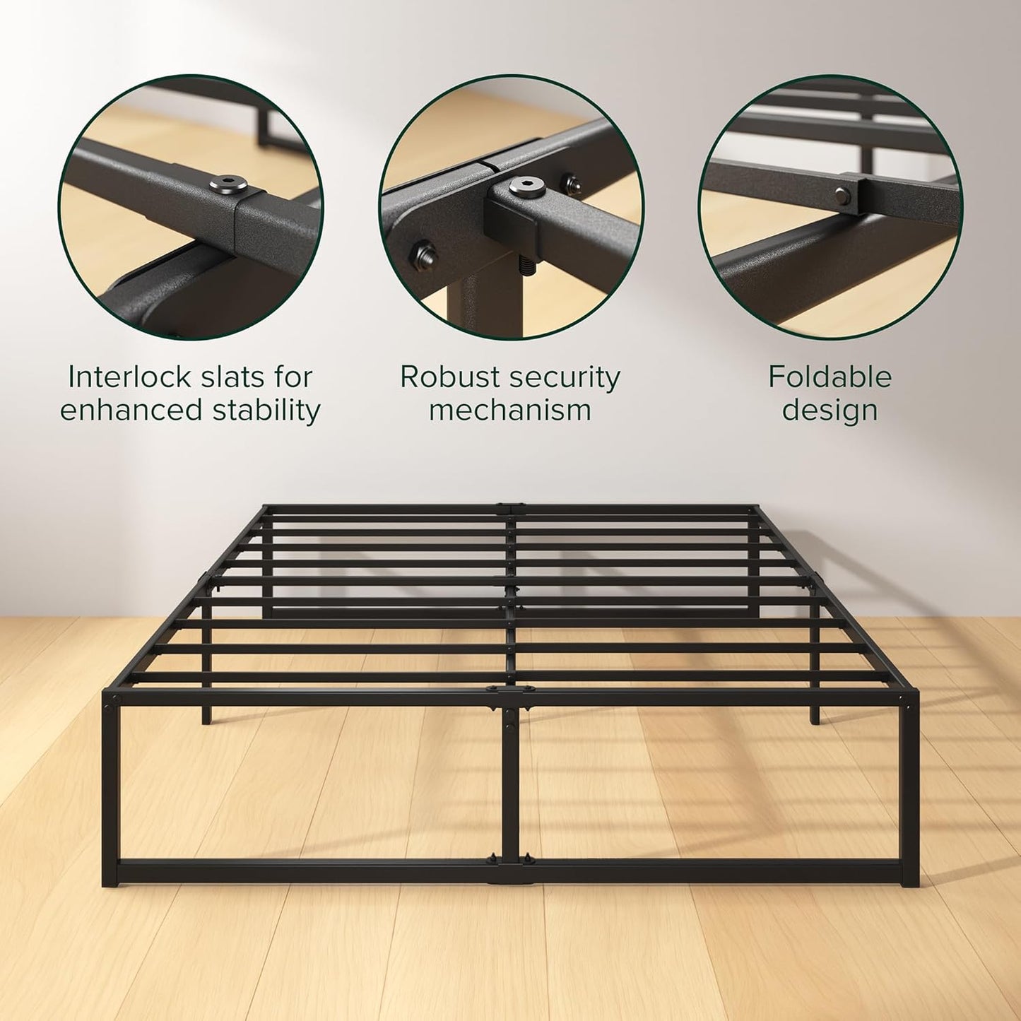 URBAN NEST Lorelei 14 Inch Metal Platform Bed Frame, Steel Slat Support, No Box Spring Needed.