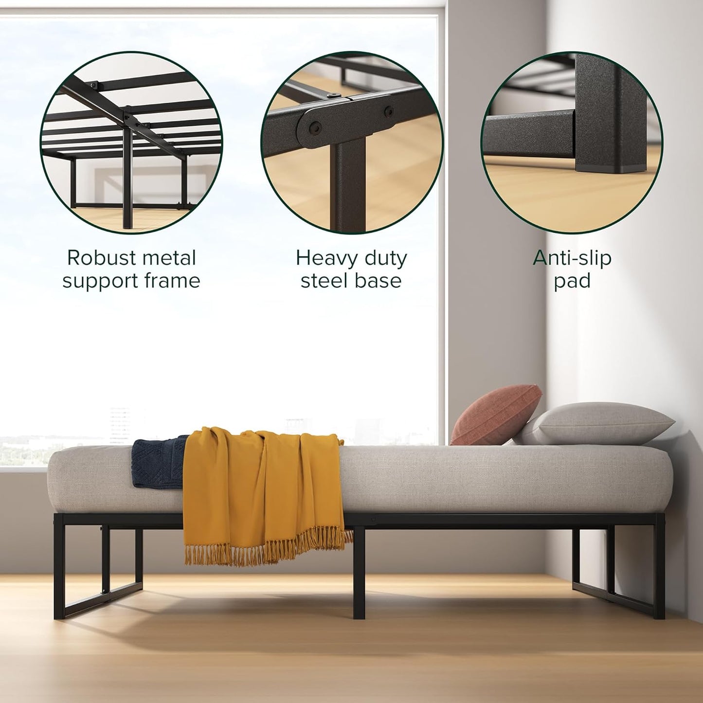 URBAN NEST Lorelei 14 Inch Metal Platform Bed Frame, Steel Slat Support, No Box Spring Needed.