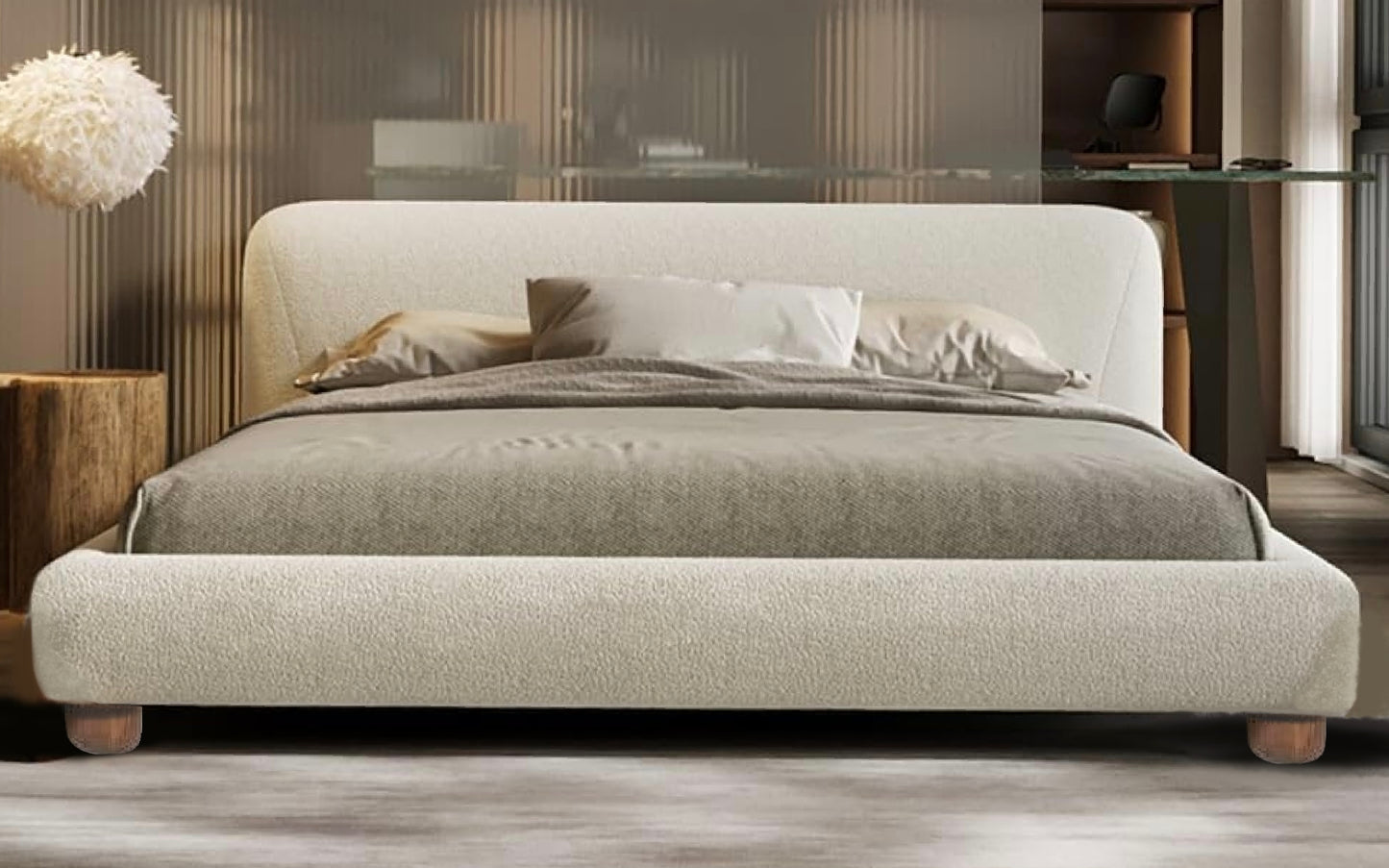 URBAN NEST King Size Bed Frame with Upholstered White Boucle Headboard, 88.6" W x 93.7" L, Fits Mattress 76" W x 80" L