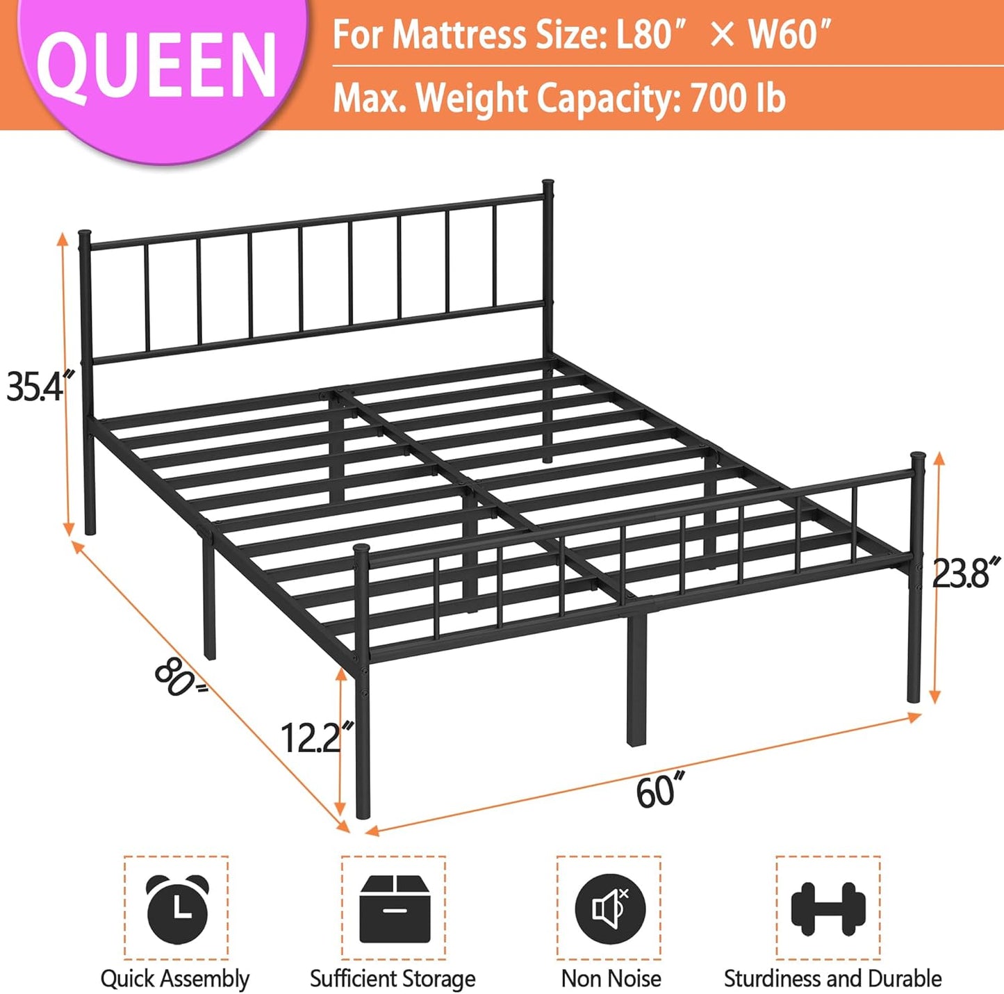 URBAN NEST  Queen Bed Frame-Classic Metal Platform Bed Frame,Mattress Foundation with Steel Slat Support,Under Bed Storage,No Box Spring Needed